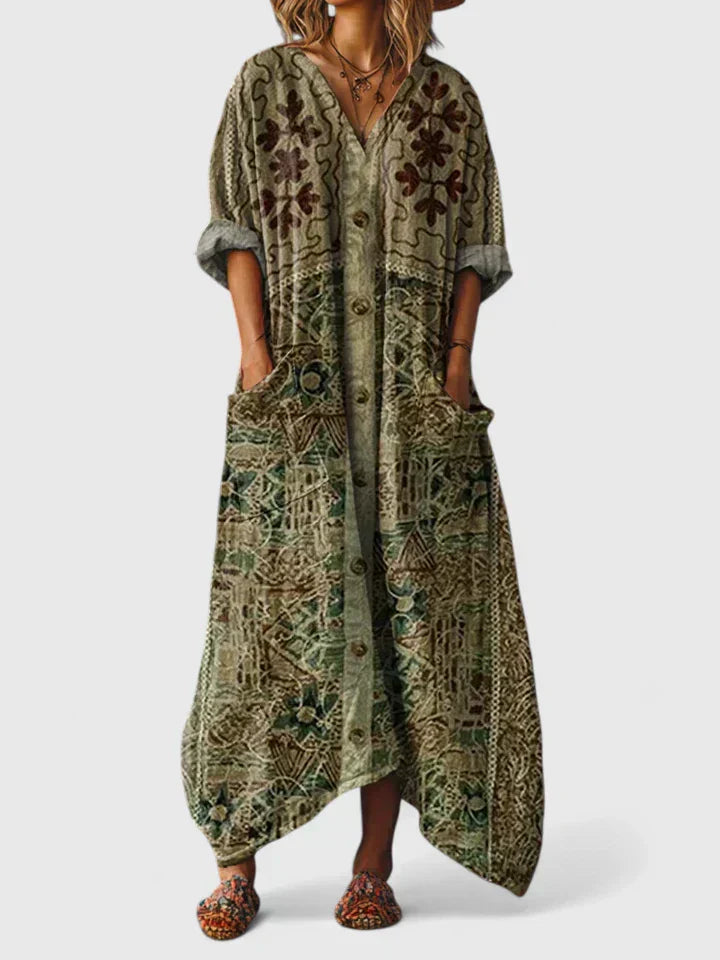 Women's Maxi Dress with Wide Fit, V-Neck, Long Sleeves