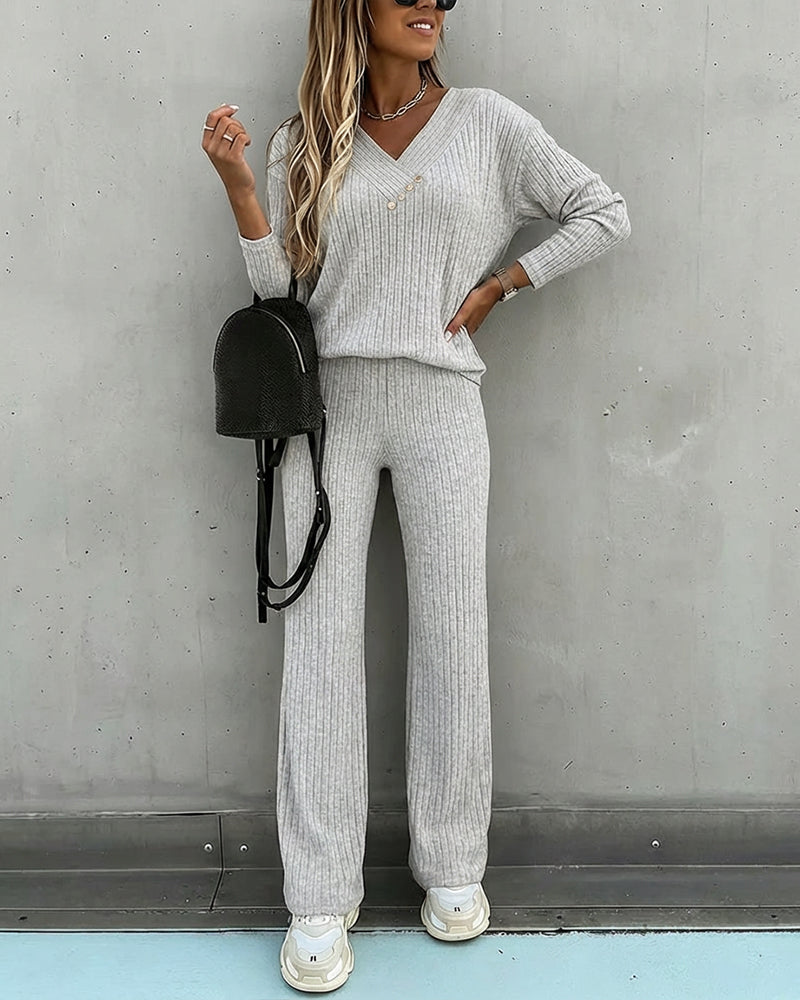 Set of 2 Pieces Women's Viscose V-Neck Long Sleeve Top and Straight Pants