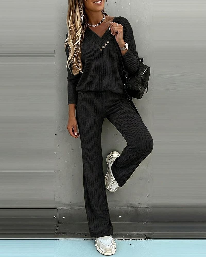 Set of 2 Pieces Women's Viscose V-Neck Long Sleeve Top and Straight Pants