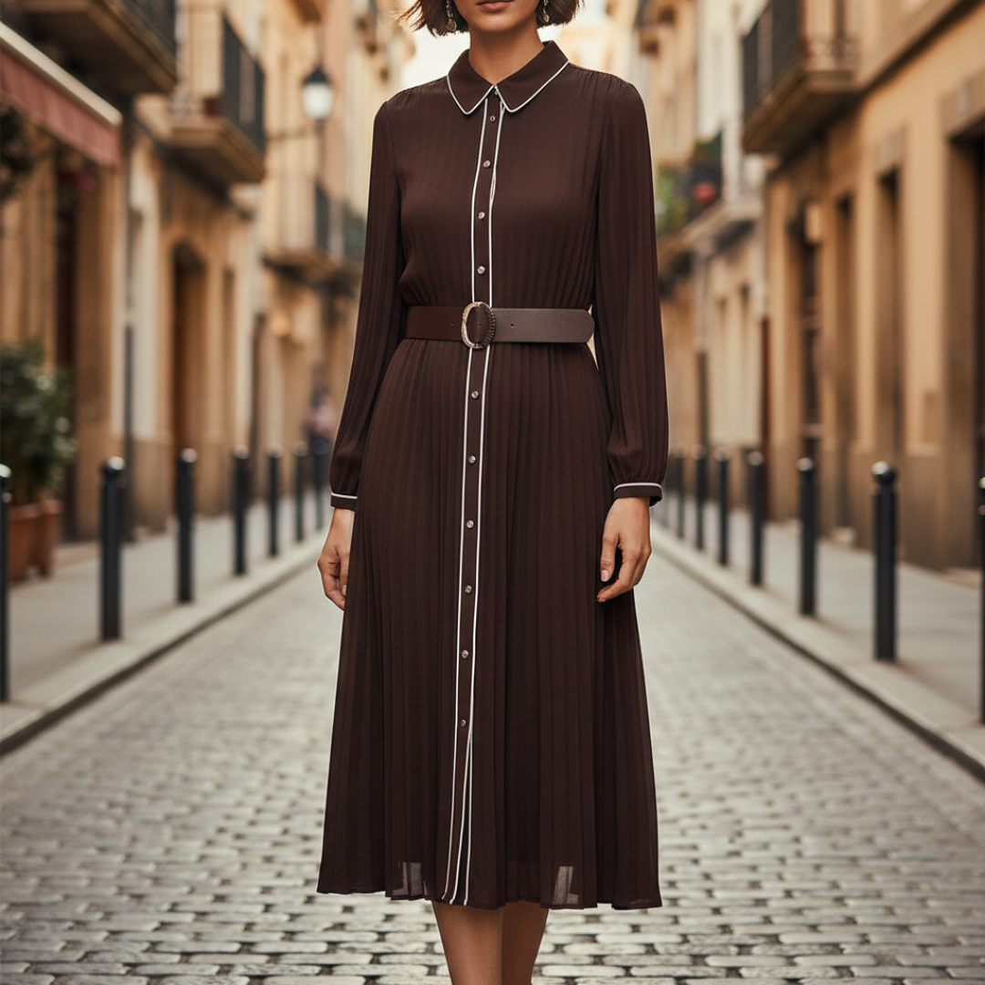 Women's Midi Plissé Dress with Belt and Contrast Trim