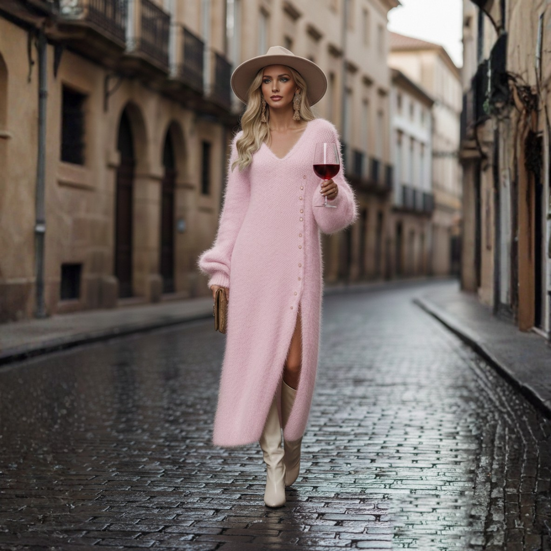 Women's Midi Dress with V-Neck in Faux Fur Knit
