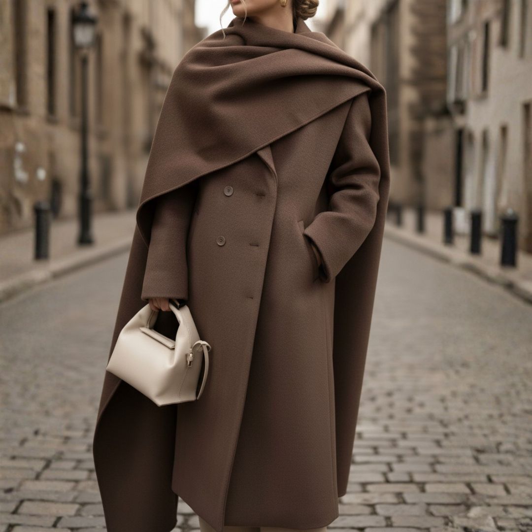 Brown Long Women's Coat with Double-Breasted Design and Cape