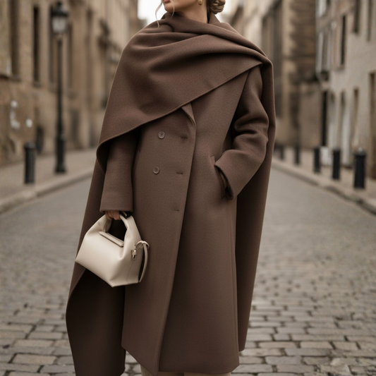 Brown Long Women's Coat with Double-Breasted Design and Cape