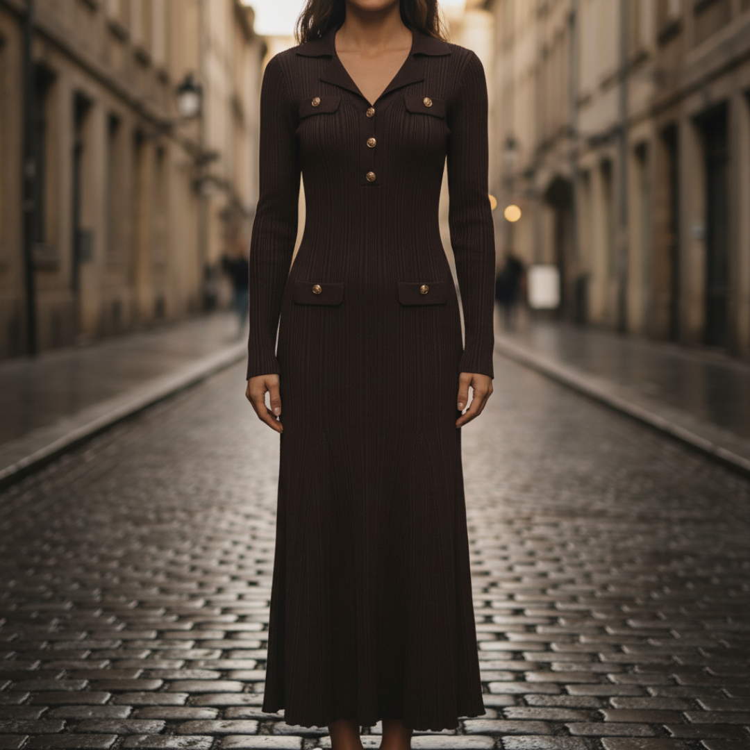 Brown Ribbed Maxi Dress for Women with Collar and Buttons