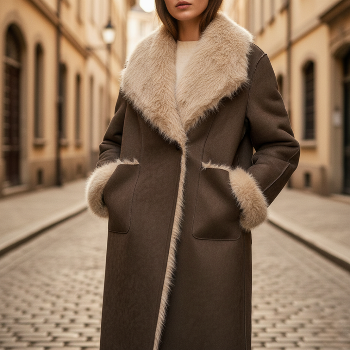 Cappotto marrone da donna in tessuto sintetico con collo in pelliccia ecologica