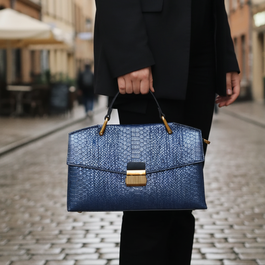 Blue Synthetic Leather Women's Bag with Handles