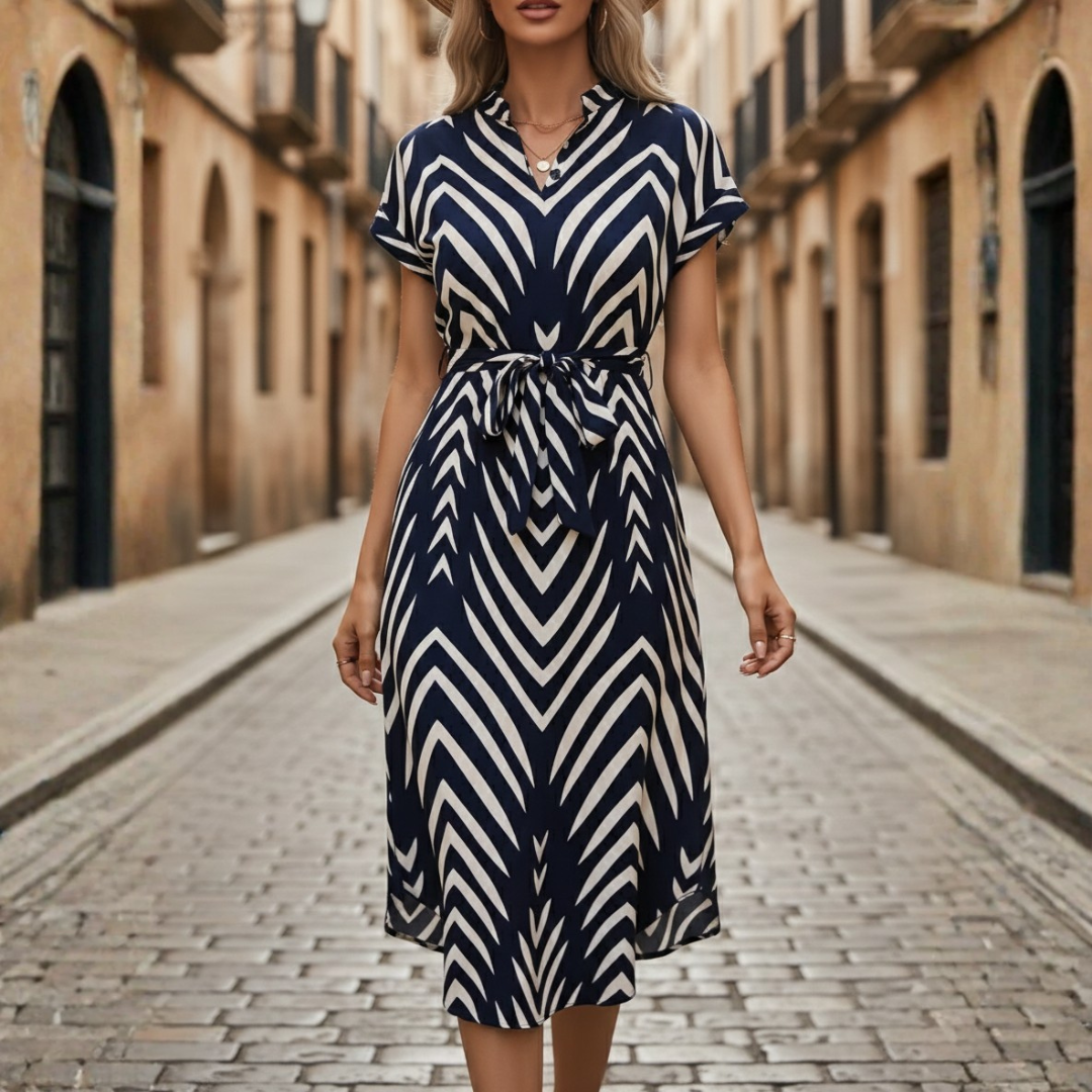 Women's Midi Striped Dress with V-Neck and Belt