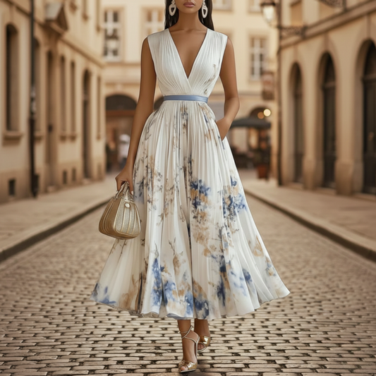 Women's Elegant Floral Print Maxi Dress | Deep V-Neck Pleated Summer Gown 1