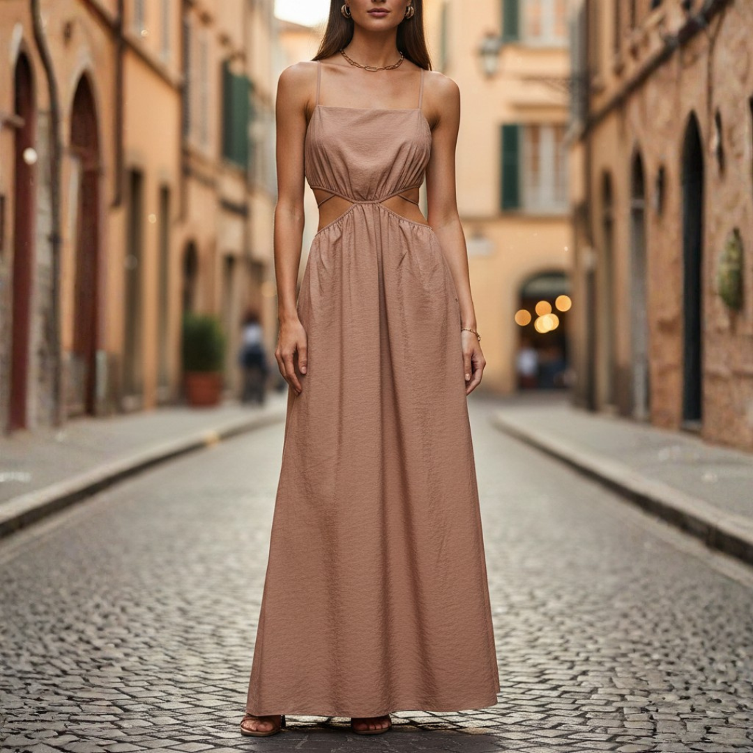 Women's Long Summer Dress with Brown Straps