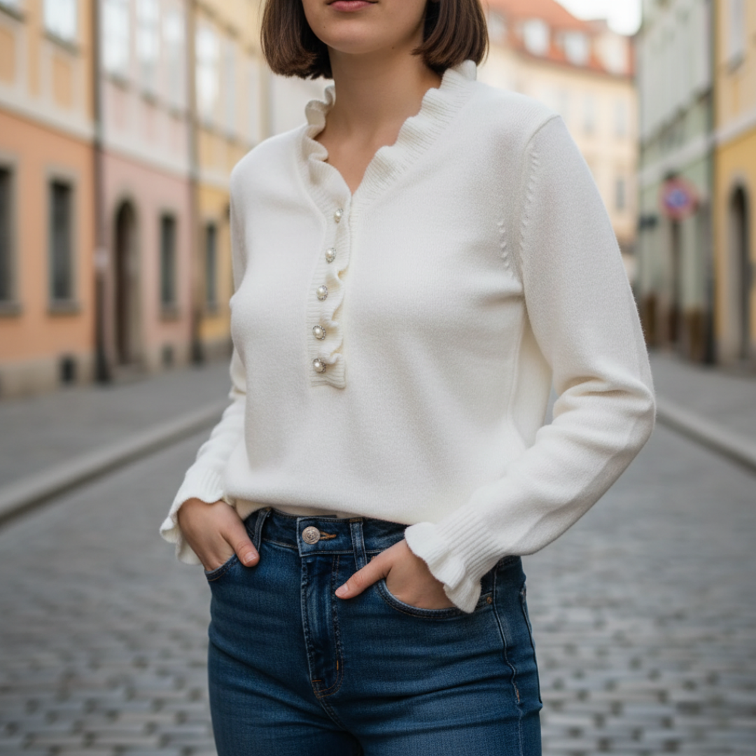 White Women's Sweater with Ruffles and Pearls