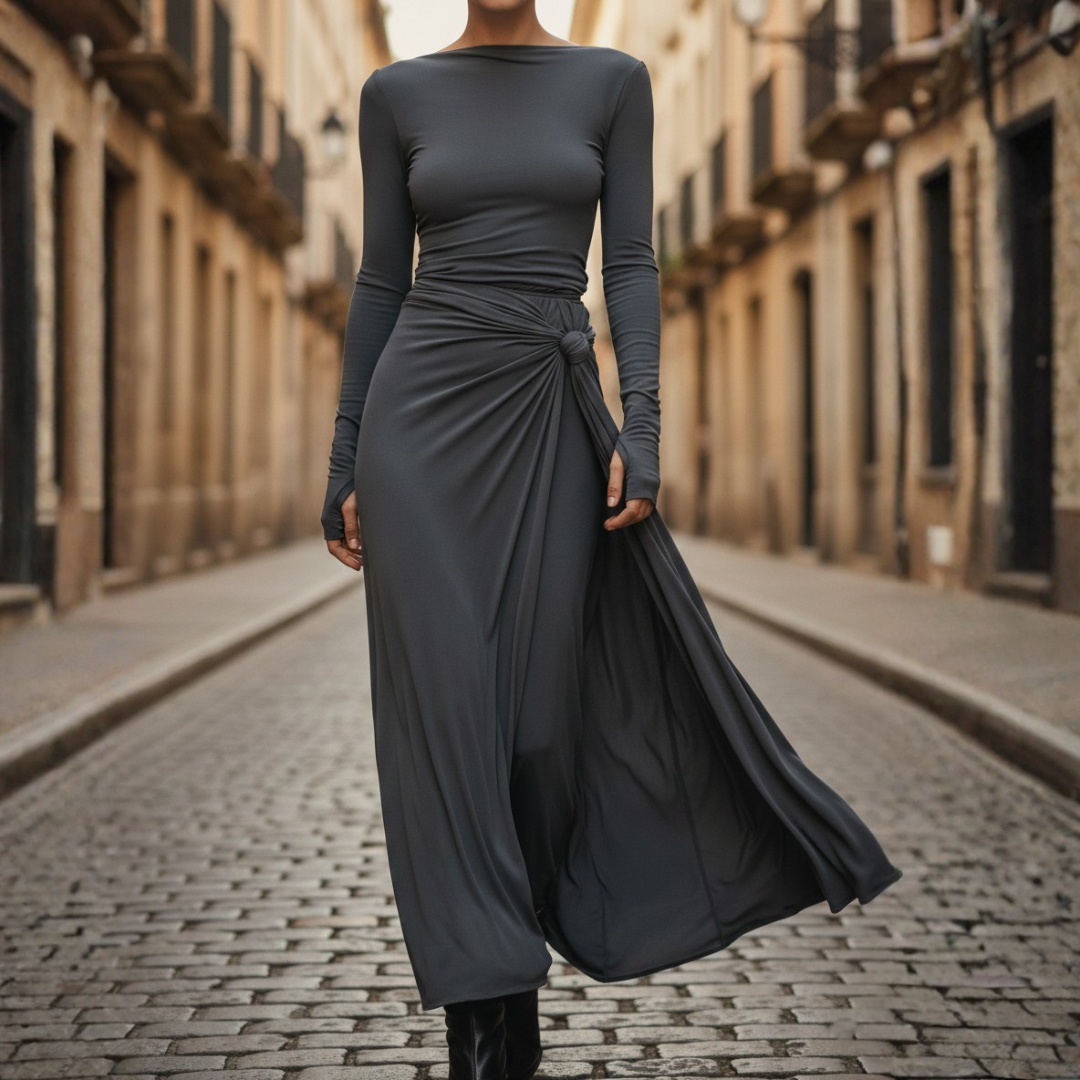 Women's Slim Fit Maxi Dress with Side Knot and Long Sleeves