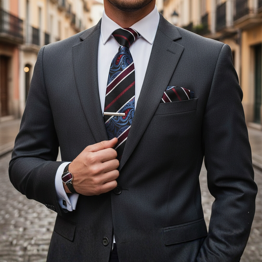 Men's Silk Paisley Red Blue Tie Set