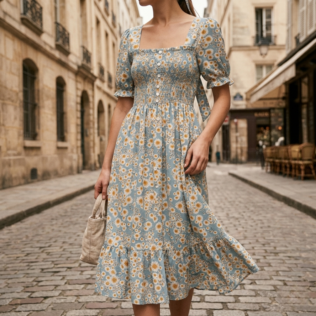 Women's Floral Draped Midi Dress with Puff Sleeves
