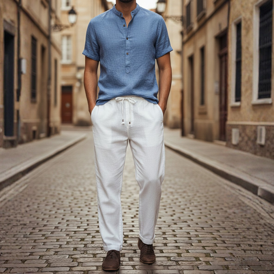 Men's Linen Shirt Set with Mandarin Collar and Short Sleeves Slim Fit
