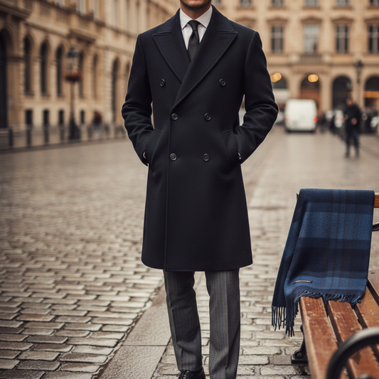 Dark Blue Men's Wool Blend Double-Breasted Winter Coat
