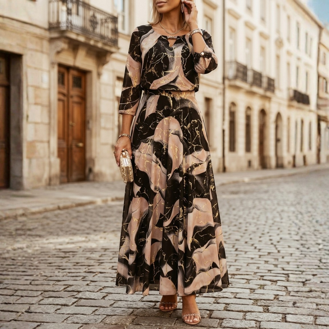 Maxi Dress for Women in Printed Chiffon with Three-Quarter Sleeves A-Line Gold