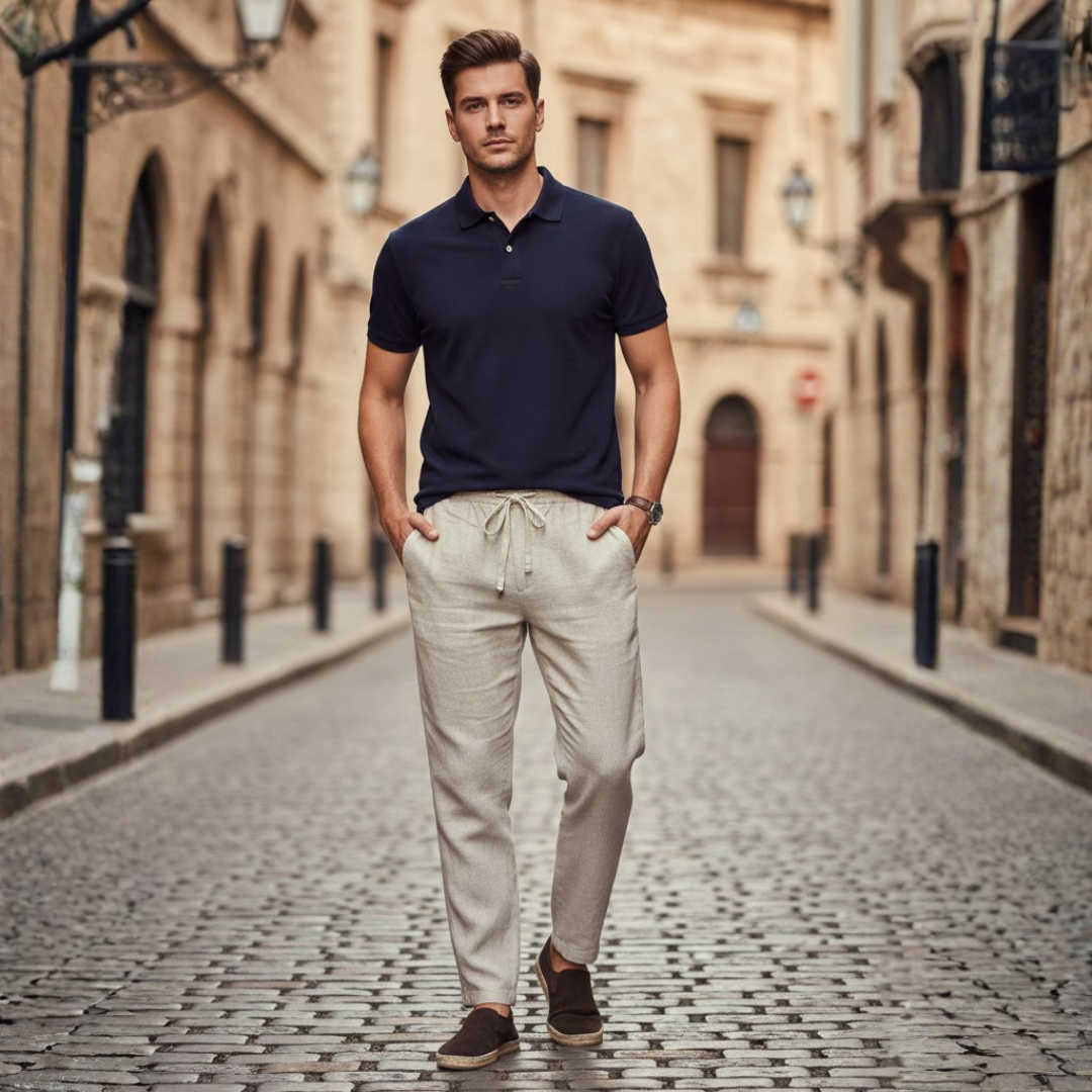 Men's Linen Pants with Drawstring and Elastic Waist Straight Leg