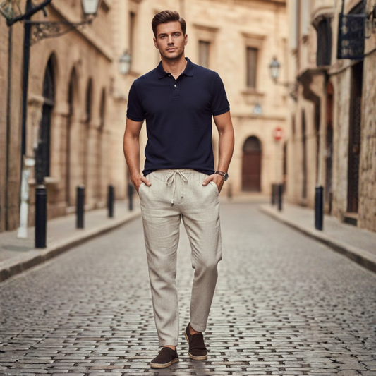 Men's Linen Pants with Drawstring and Elastic Waist Straight Leg