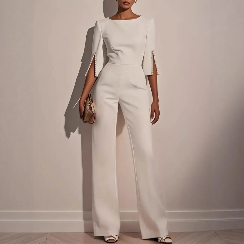 Women's Velvet Jumpsuit Wide Leg Pearl Detail Three Quarter Sleeves