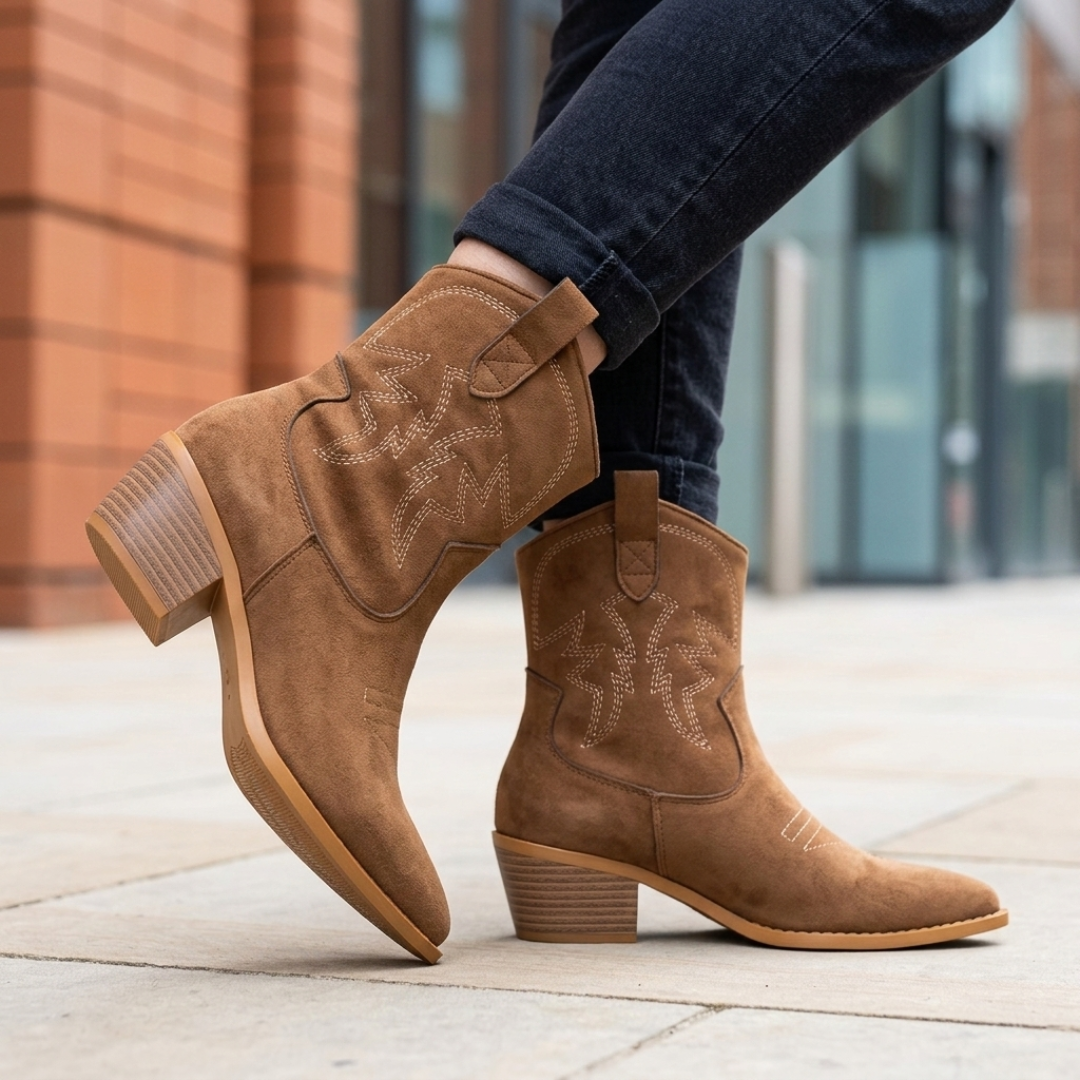 Women's Western Ankle Boots with Embroidery and Medium Heel