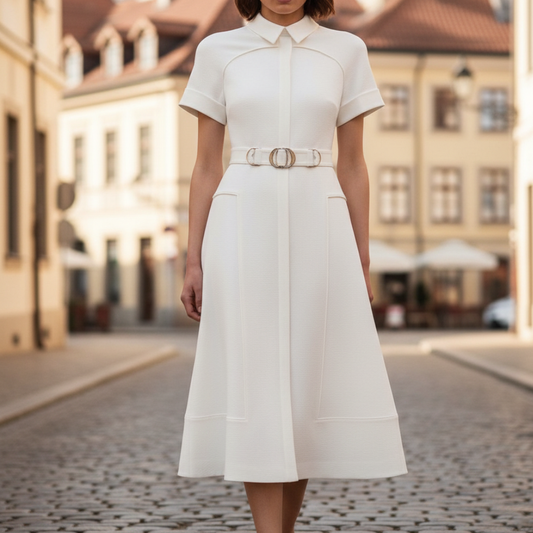 Women's High-Quality Cotton A-Line Midi Dress | Elegant White Casual Wear 1