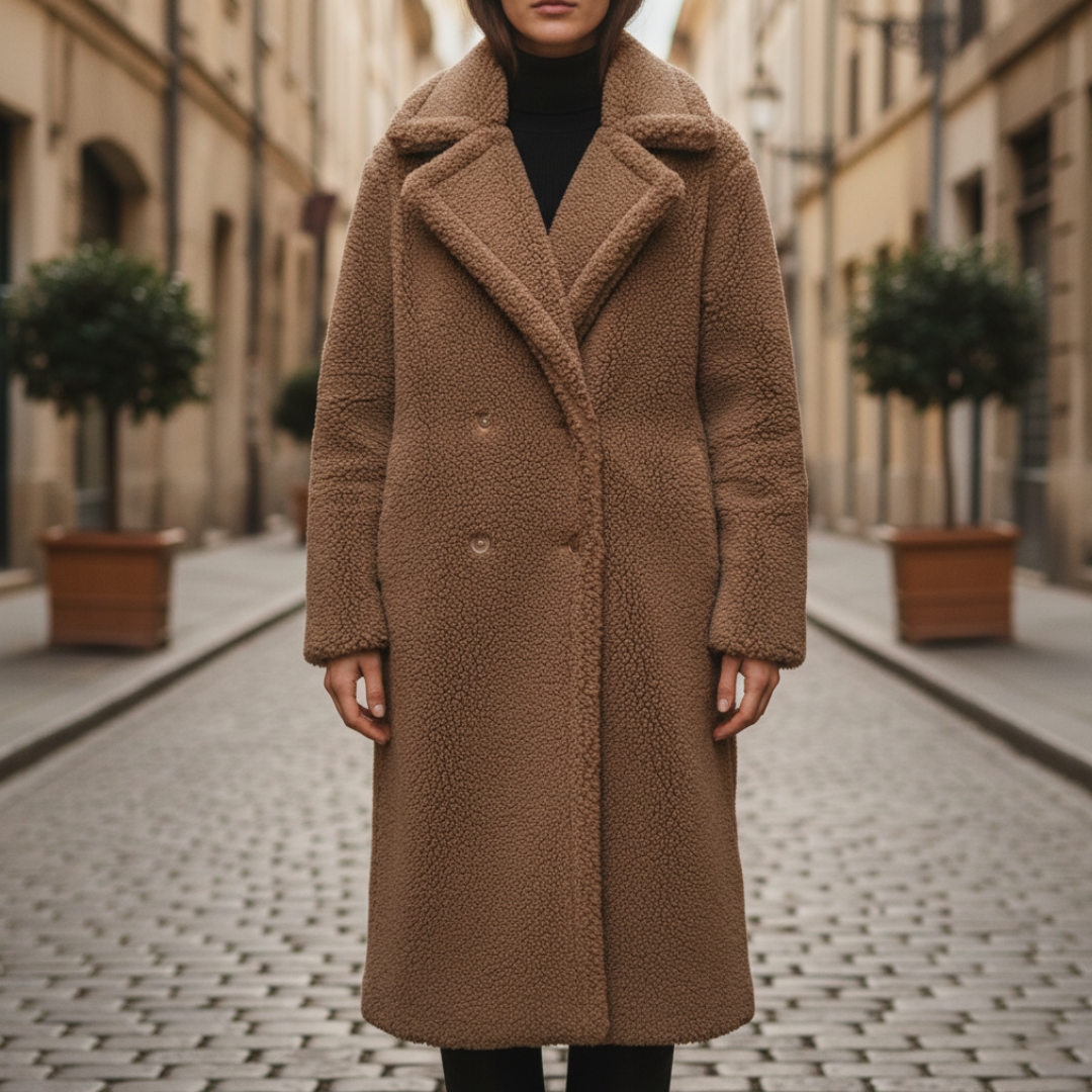 Lungo cappotto teddy da donna in materiale di qualità