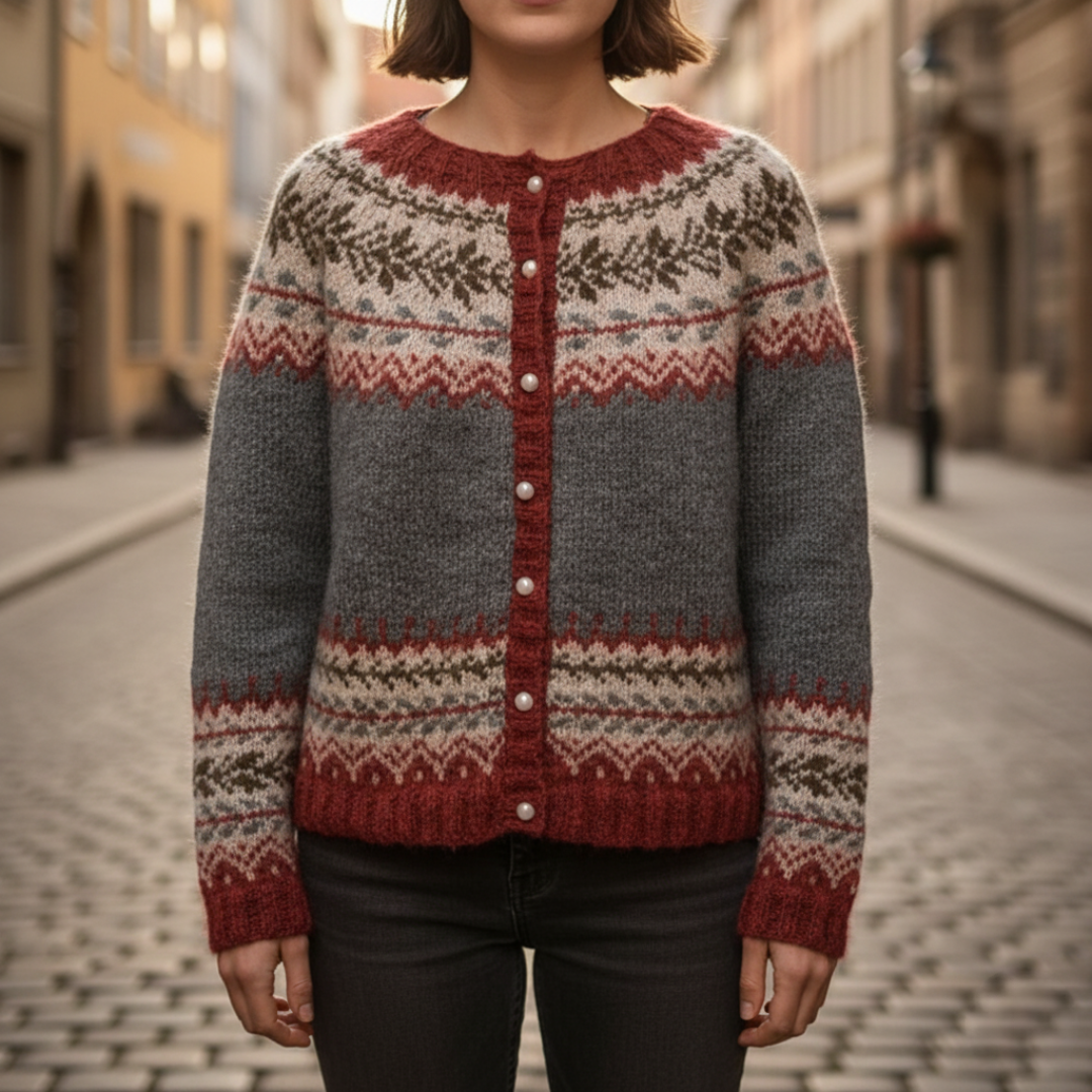 Women's Cardigan in Wool Blend with Pearl Buttons and Nordic Pattern