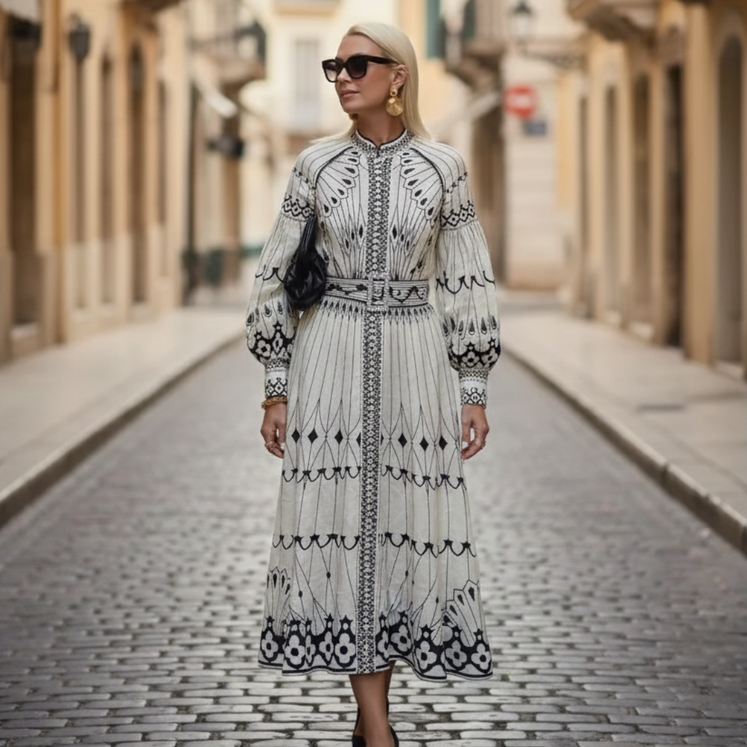 Long Women's Dress with Prints and Belt