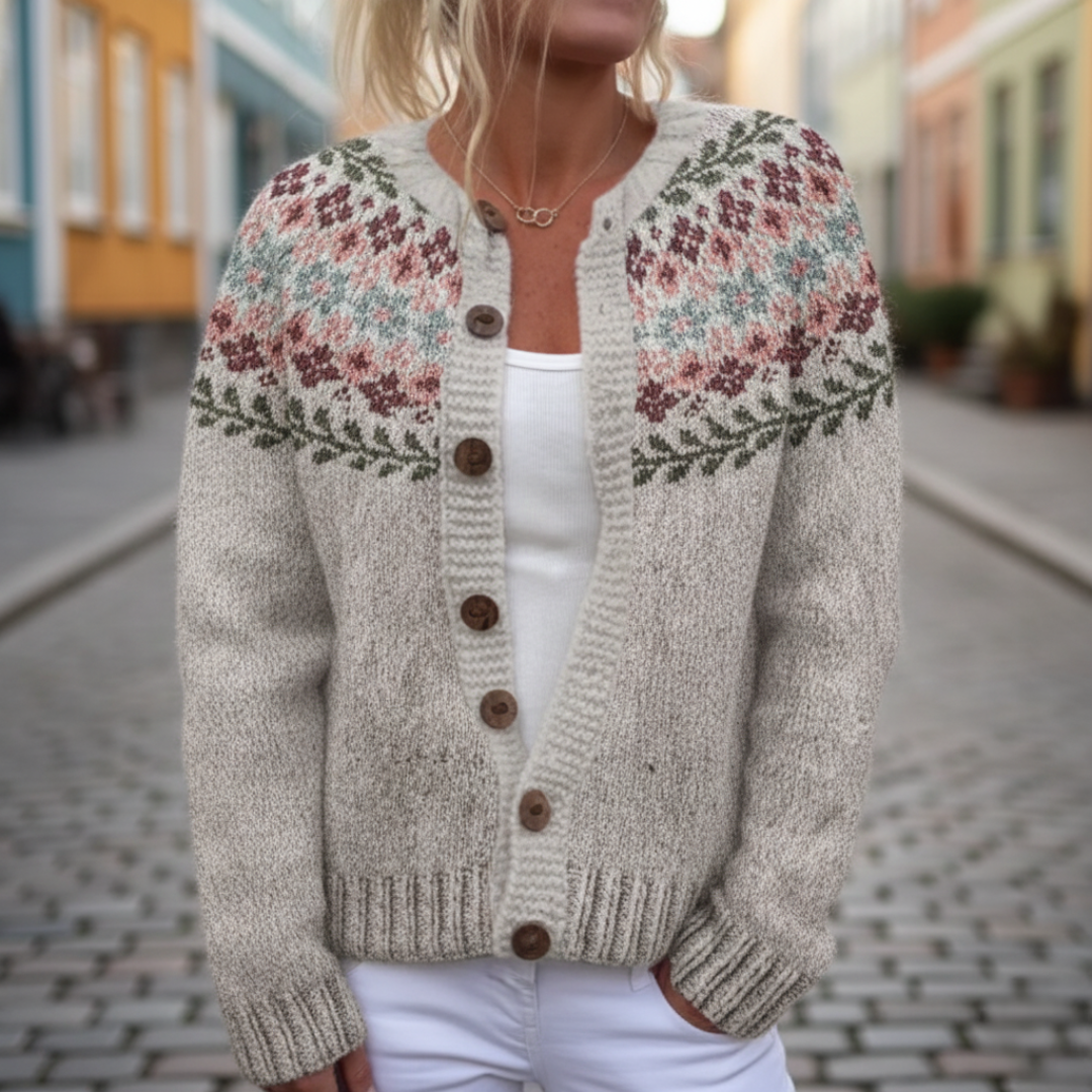 Women's Beige Floral Jacquard Cardigan
