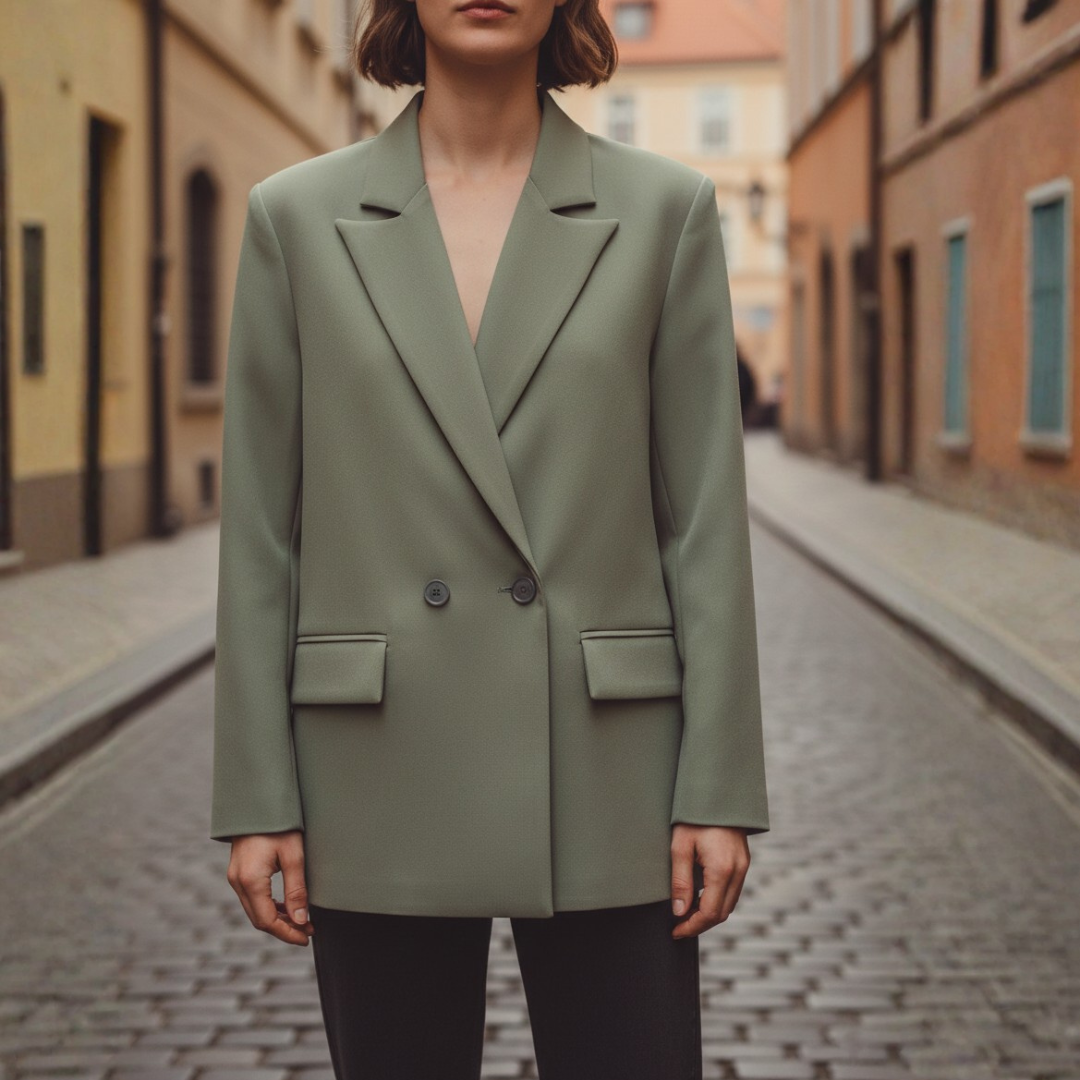 Women's Double-Breasted Blazer with Notch Lapels and Long Sleeves