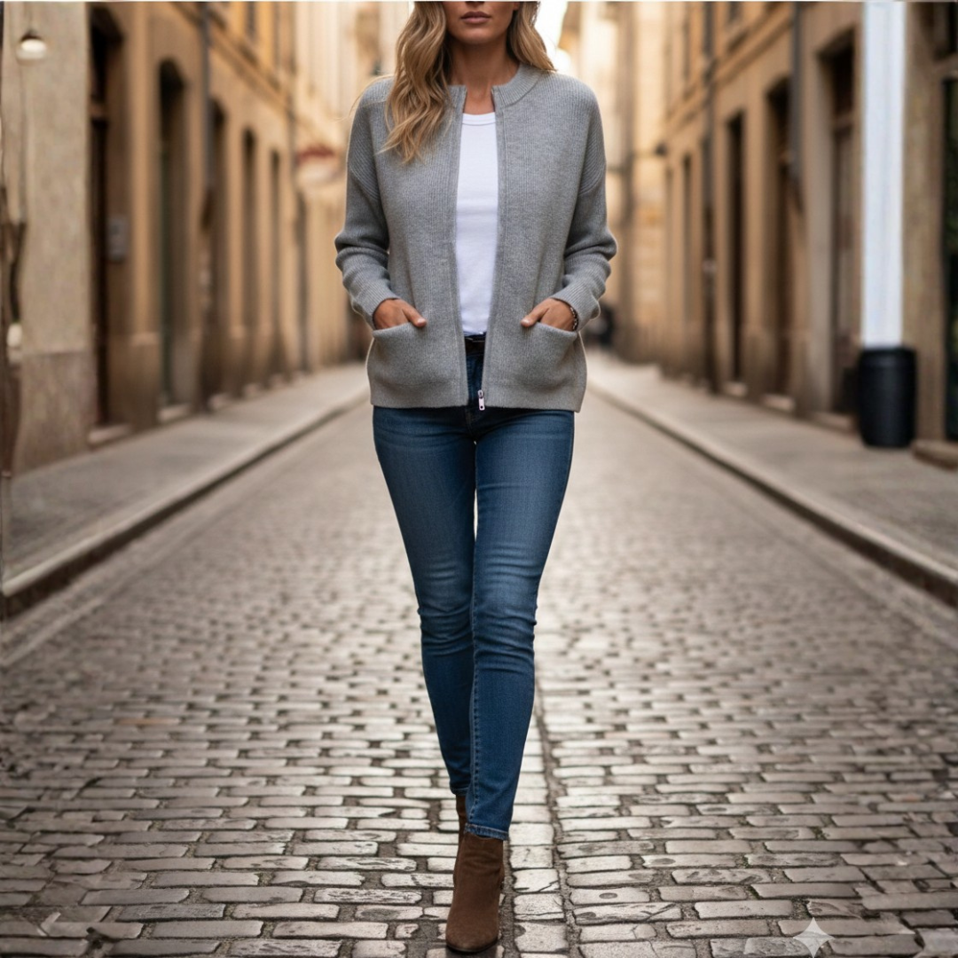Women's Knitted Cardigan with Zip and Front Pockets