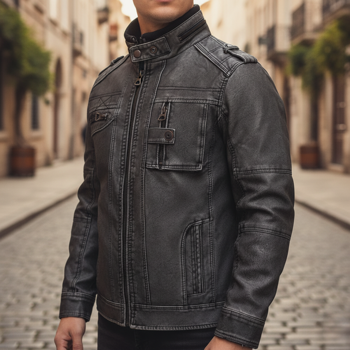 Men's Synthetic Leather Jacket with High Collar and Pockets