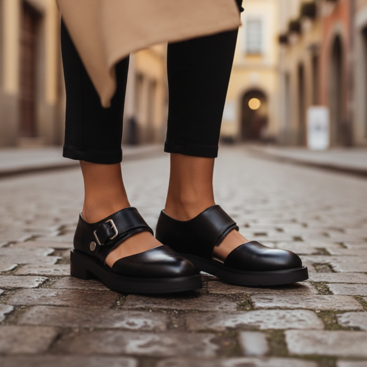 Scarpe Mary Jane con plateau da donna in ecopelle nera