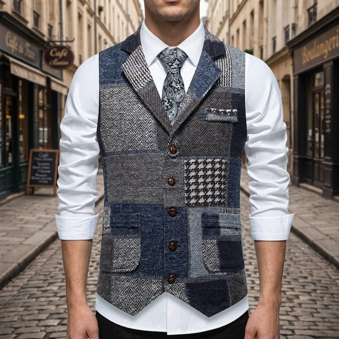 Elegant Slim Fit Tweed Men's Waistcoat Patchwork