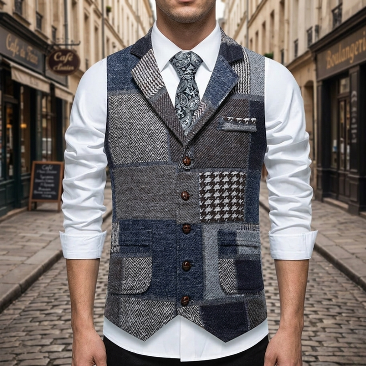 Gilet elegante slim fit da uomo in tweed patchwork
