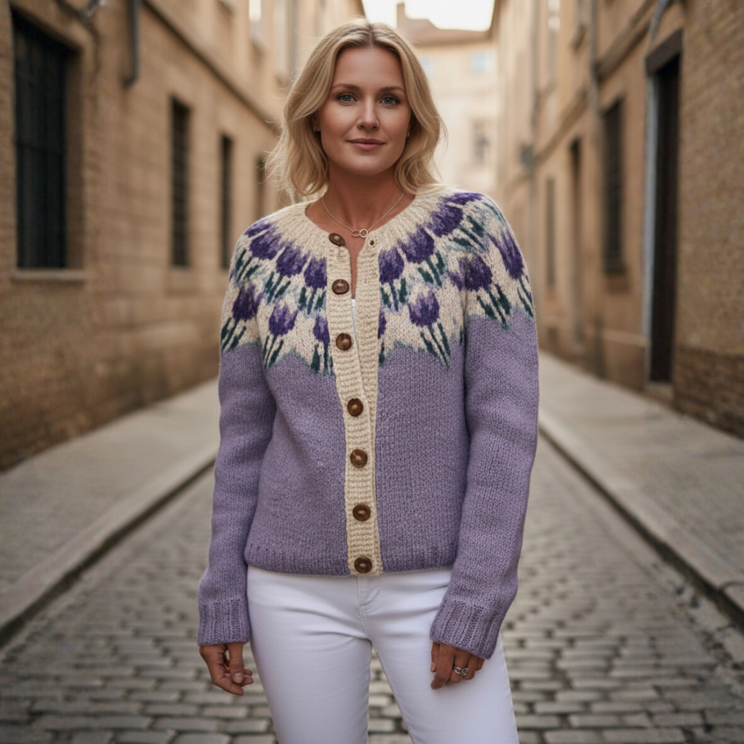 Women's Purple Floral Jacquard Cardigan