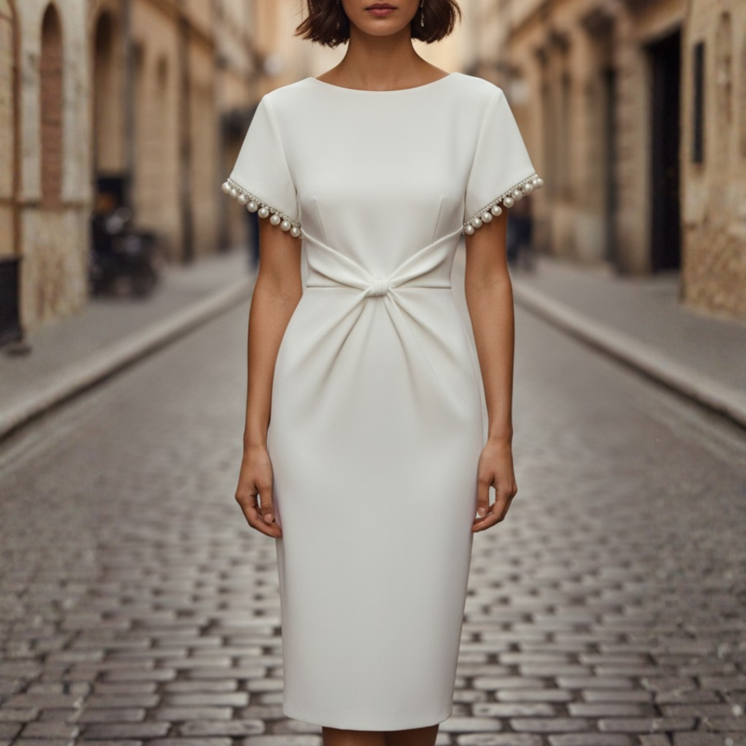 White Midi Dress for Women with Pearls and Knot at the Waist