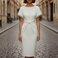 Women's White Mixed Fiber Midi Dress | Elegant Pearl-Embellished Formal Wear