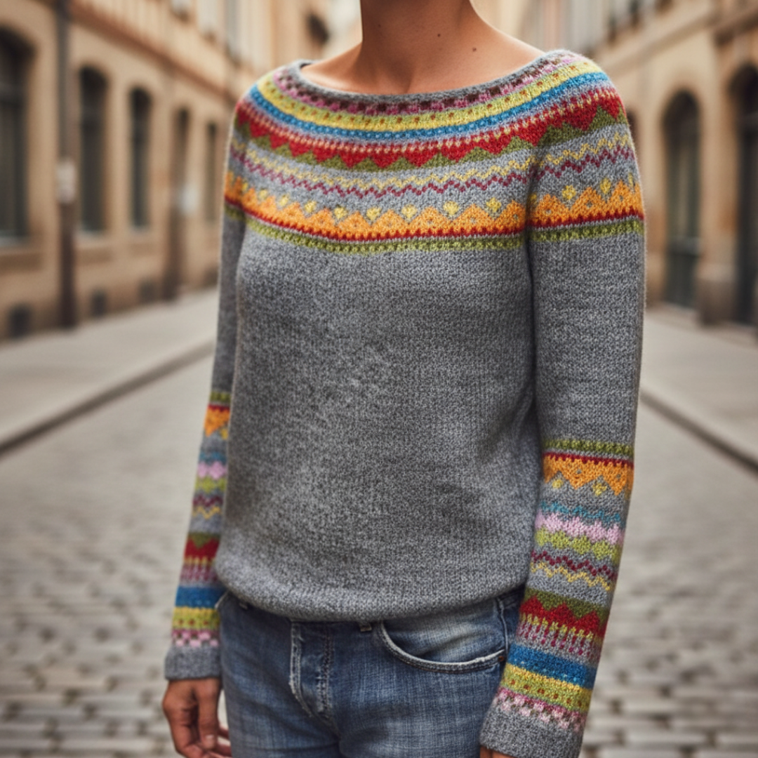 Women's Gray Sweater with Colorful Nordic Stripes