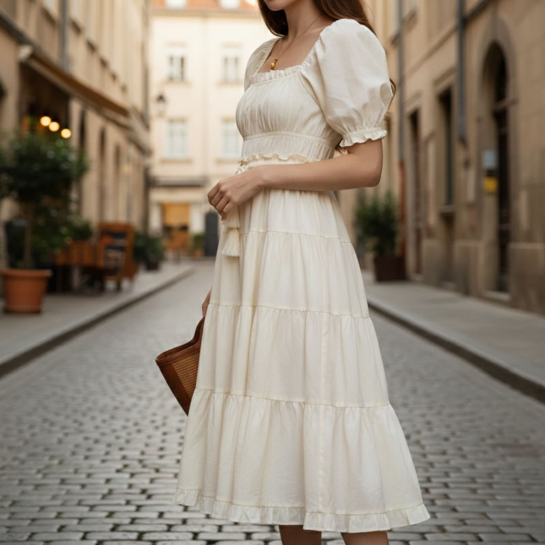 Women's Midi Dress with Square Neckline, Puff Sleeves, Cream Cotton