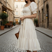 Vestito midi in cotone ecologico da donna | Elegante vestito estivo con scollo quadrato e maniche a sbuffo