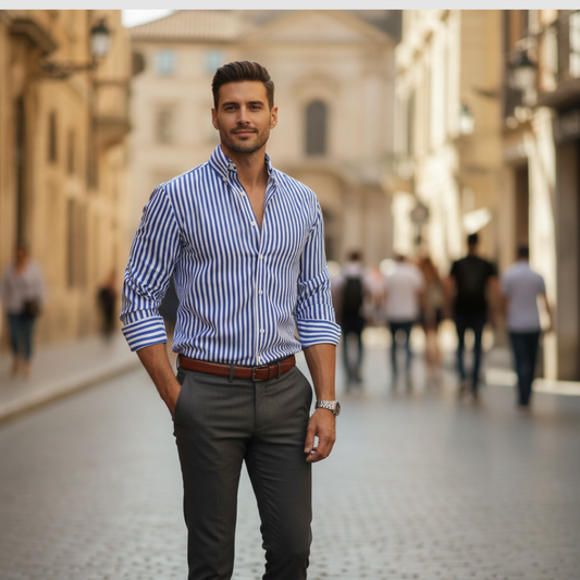 Men's High-Quality Cotton Striped Dress Shirt | Slim Fit Long Sleeve Button-Down 1