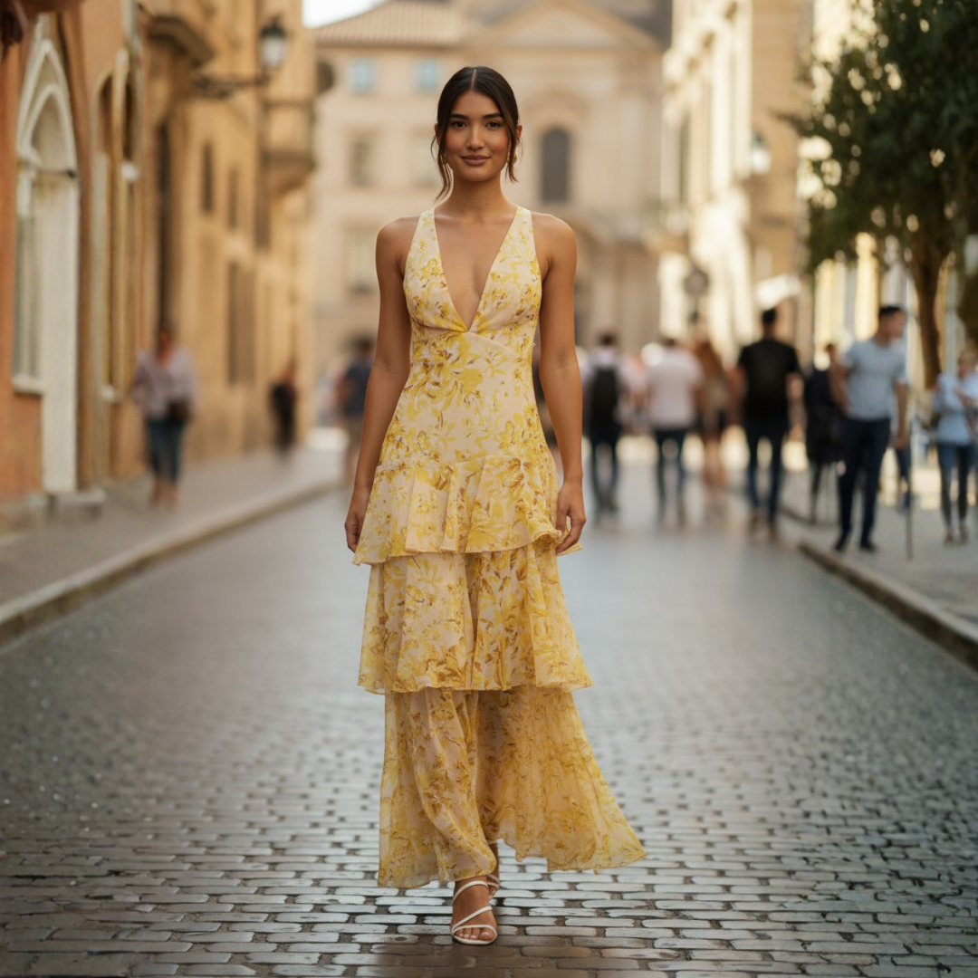 Multicolored Long Dress for Women with Ruffles and V-Neck
