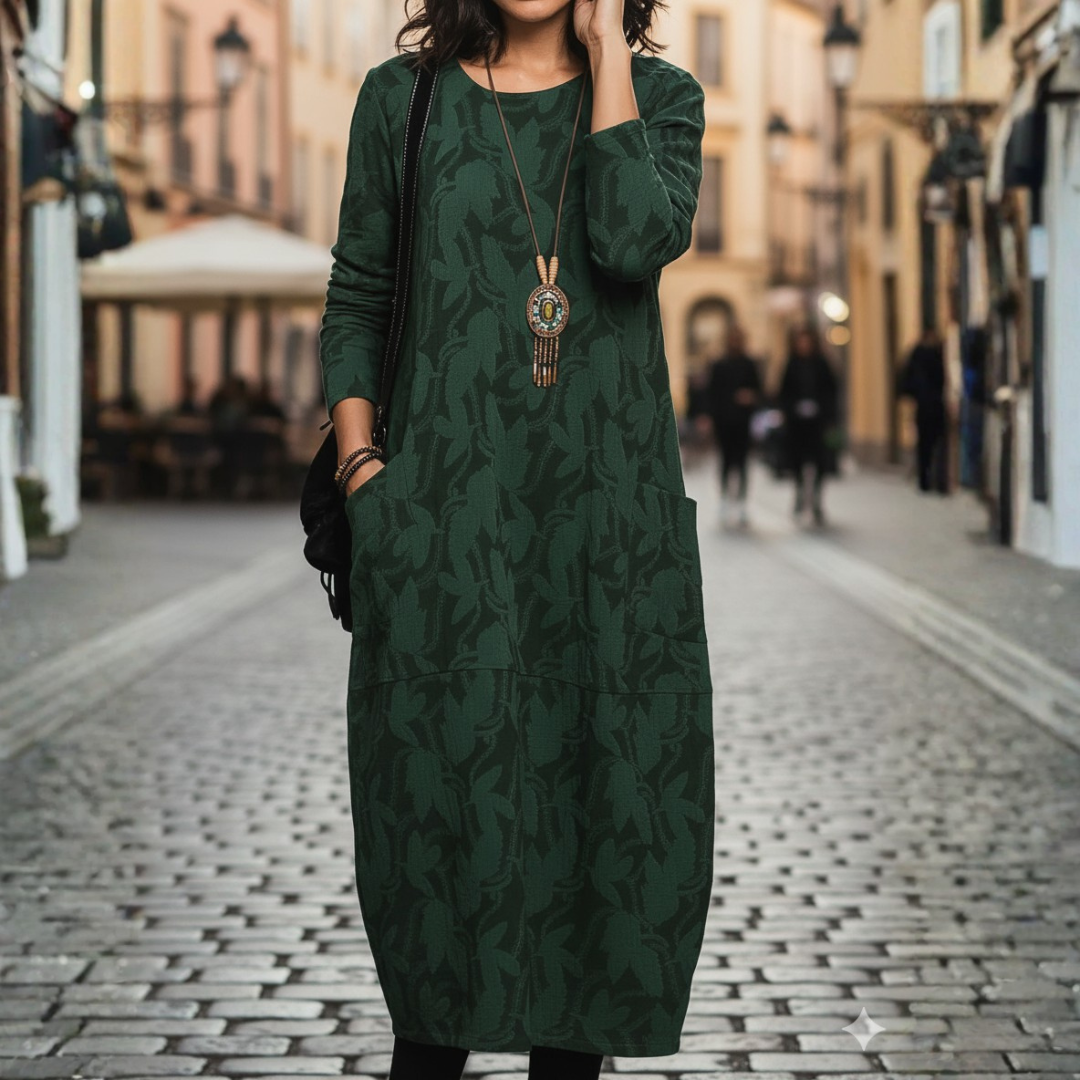 Women's Midi Dress with Long Sleeves and Pockets