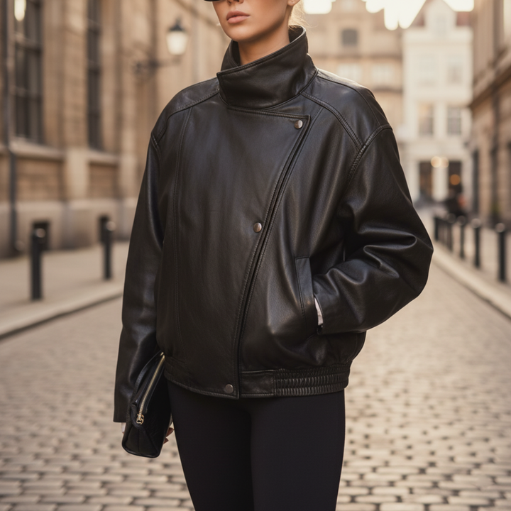 Women's High-Quality Bomber Jacket with Asymmetrical Zipper and High Collar