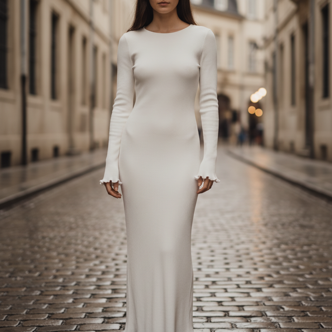 White Ribbed Maxi Dress for Women with Long Sleeves