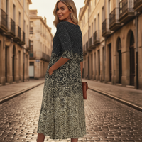 Abito midi sfumato da donna | Elegante design nero e oro con maniche a tre quarti