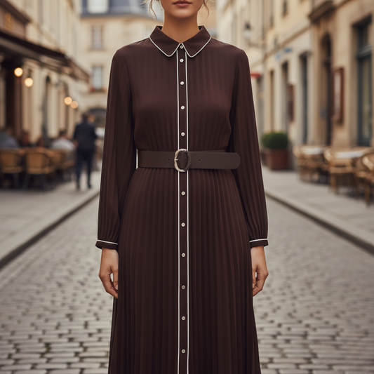 Women's Lightweight Fabric Long Dress | Elegant Brown Pleated Formal Office Wear 1