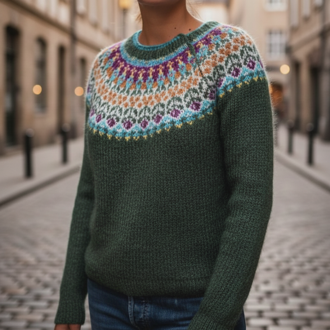 Women's Green Sweater with Fair Isle Yoke Pattern