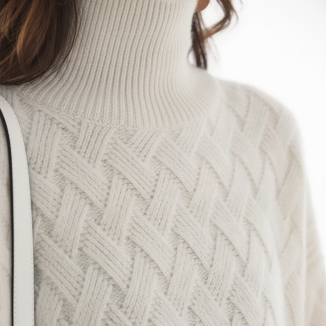 Women's Turtleneck Sweater with Braids in Beige and White